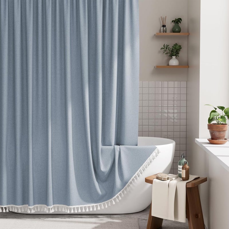 AmazerBath Blue Boho Shower Curtain with Tassels, Farmhouse Shower Curtains for Bathroom, Faux Linen Shower Curtain Rustic with Hooks, Vintage Shower Curtain Set, 72x72 Inches - Image 1
